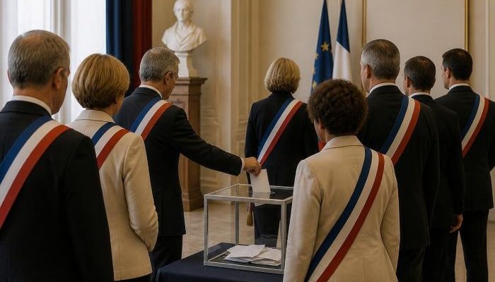 De grands électeurs-trices en train de voter dans une préfecture pour les Sénatoriales - Image générée par IA